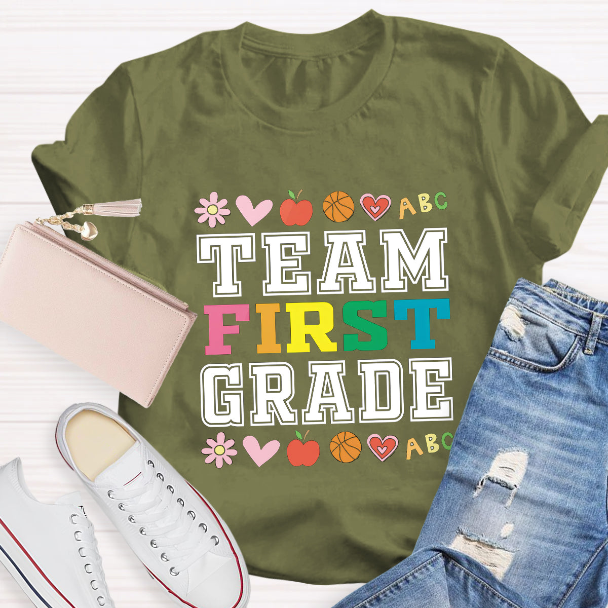 Personalized Grade Team Colorful First Grade Teacher T-Shirt