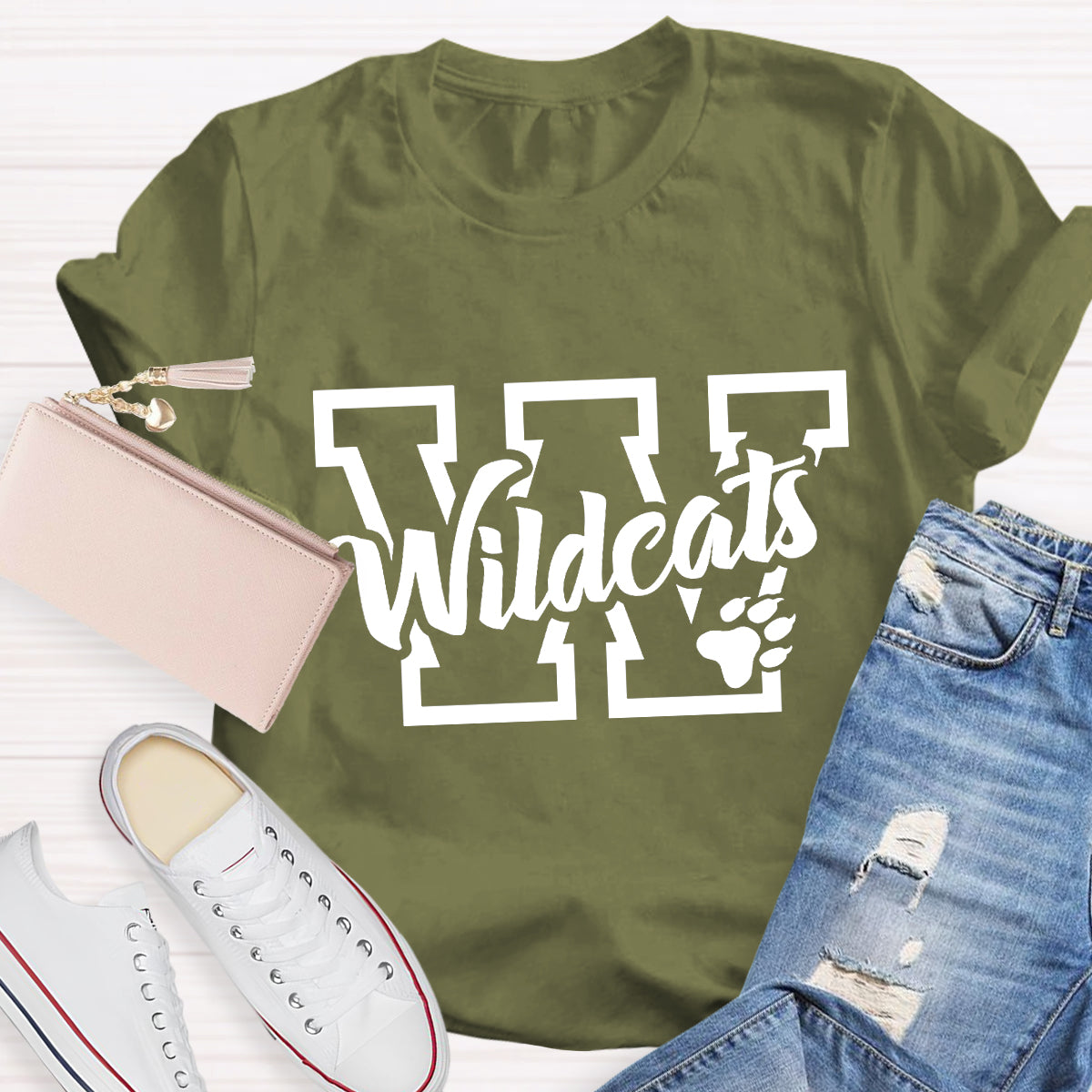 Personalized School Mascot Wildcats Black Letters Teacher T-Shirt
