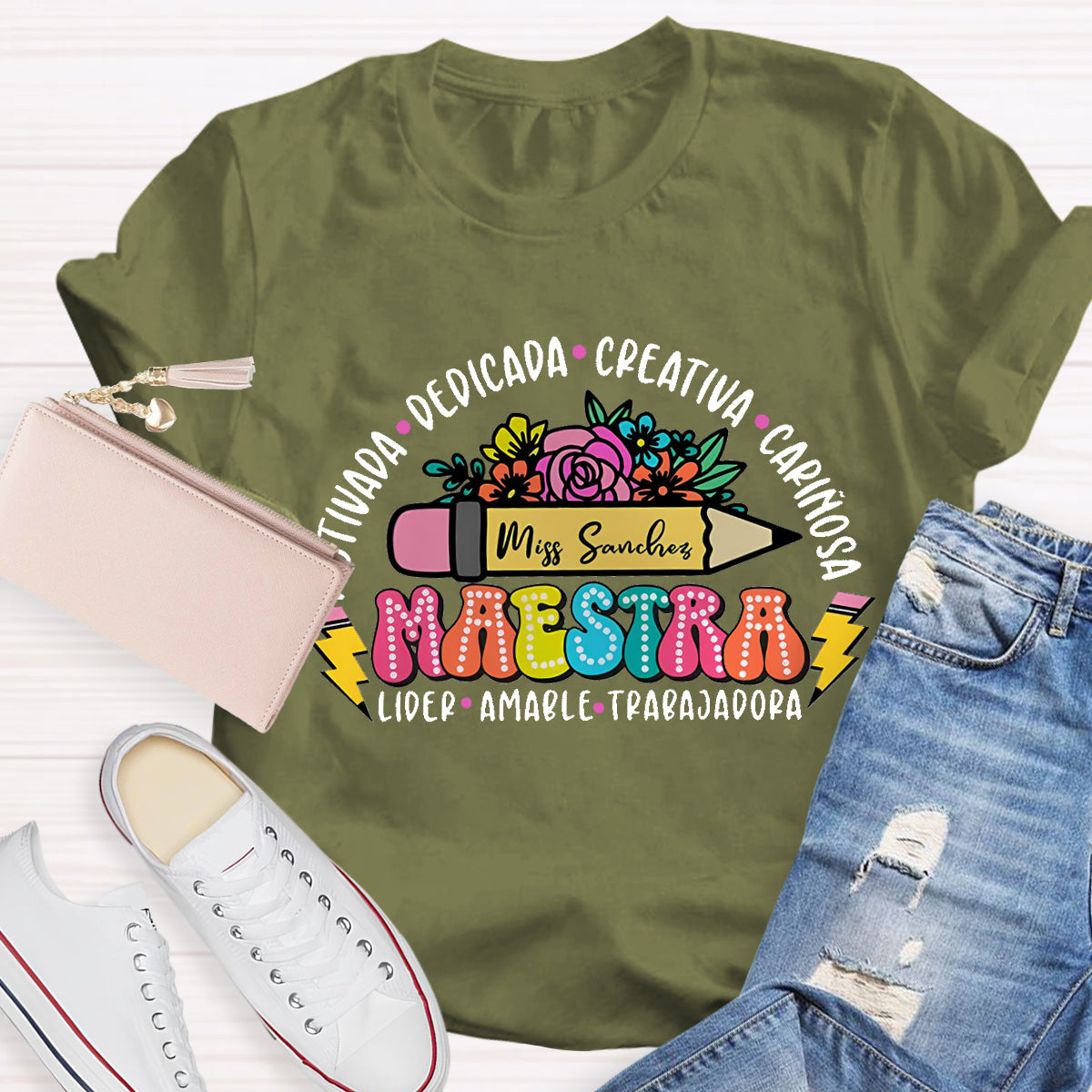 Personalize Name Maestra Pencil Teacher T-Shirt