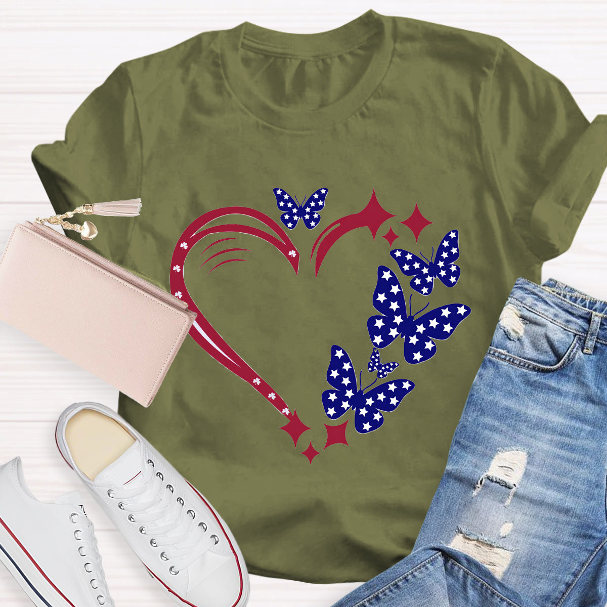 Stars And Strips Butterfly Teacher T-Shirt