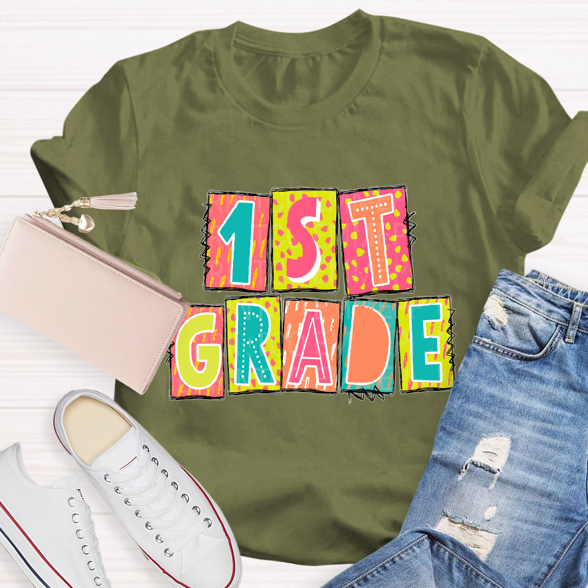 Personalized Grade Personalized Color Block 1st Grade Teacher T-Shirt