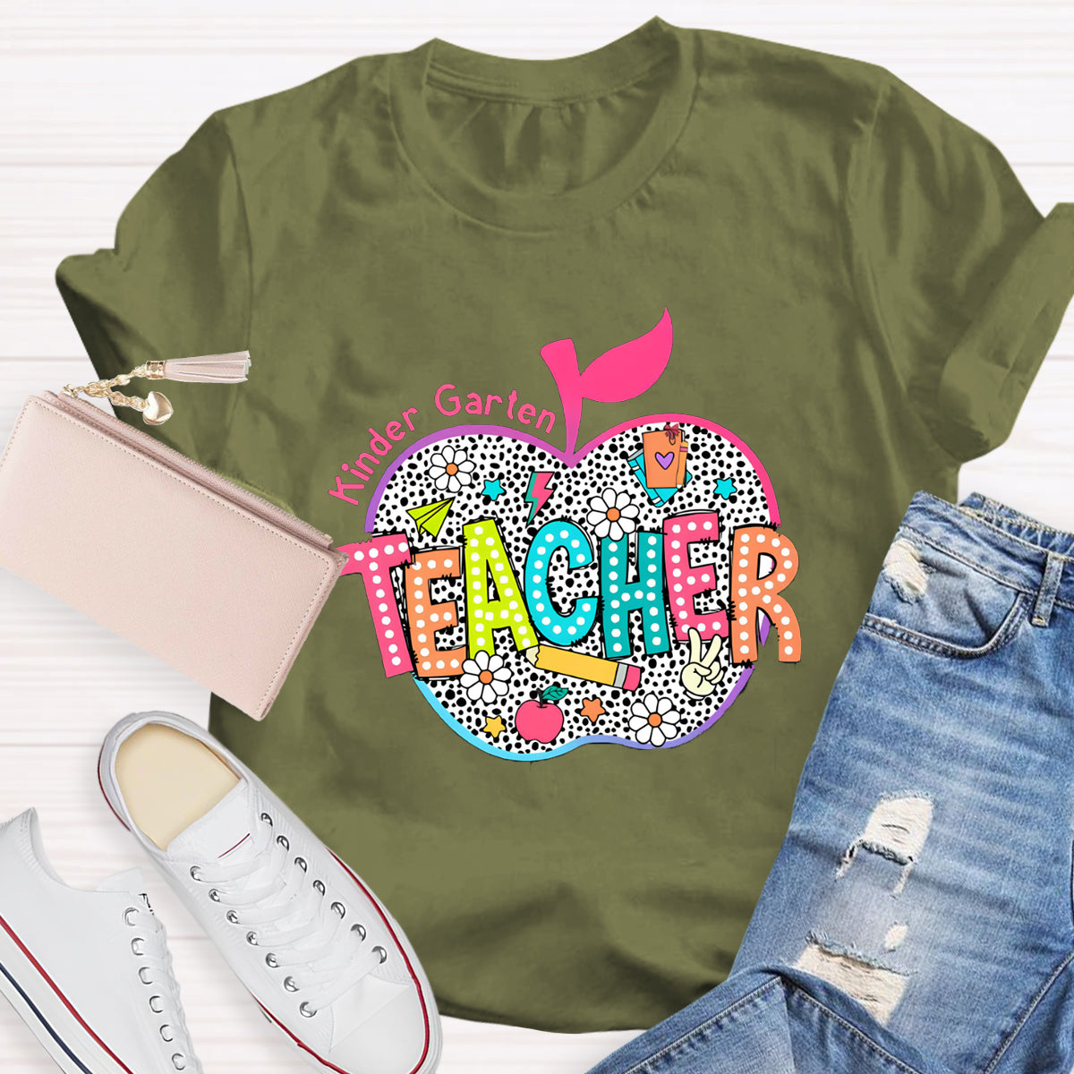 Personalized Neon Leopard Apple Grade Teacher T-Shirt