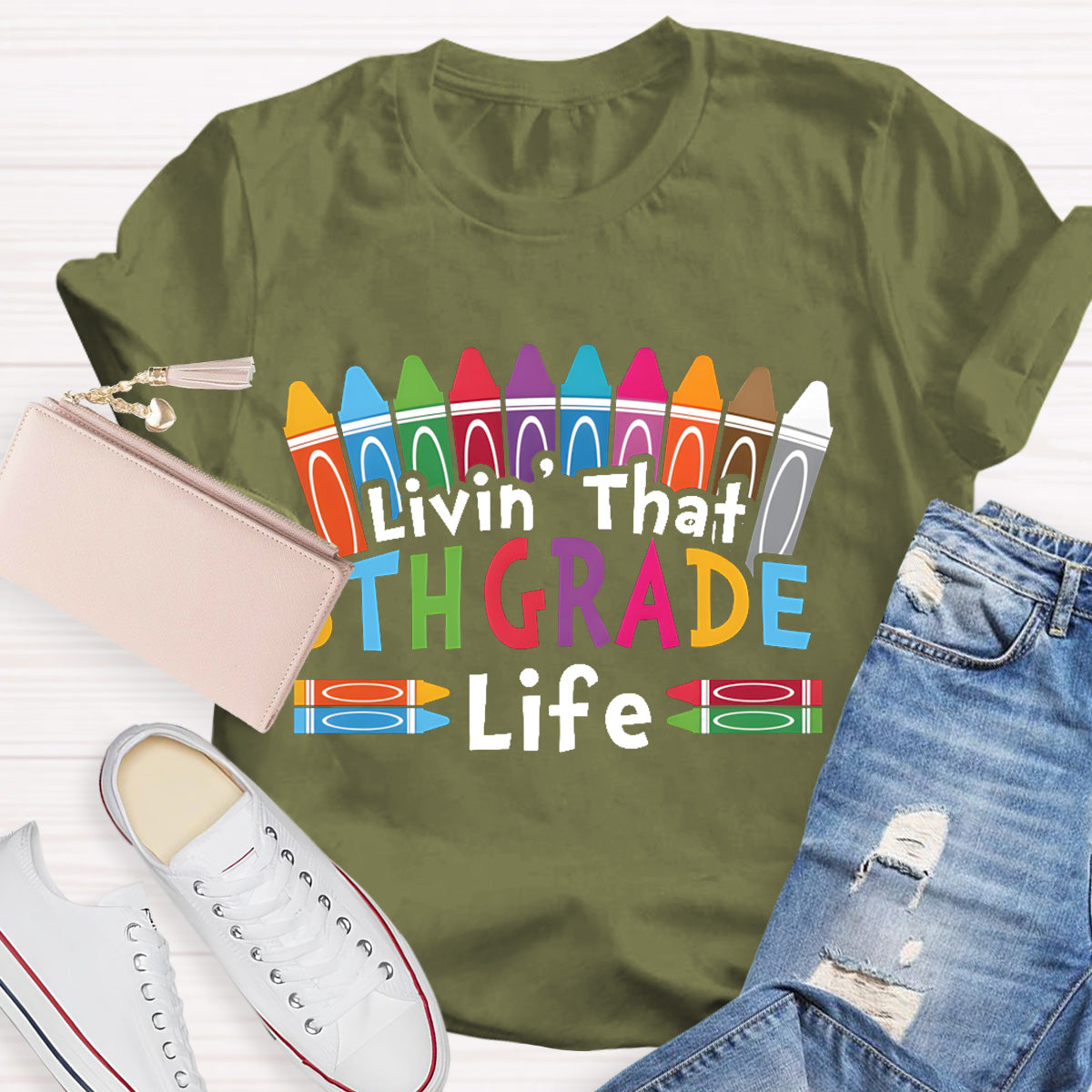 Personalized Grade Livin That 5th Grade Life Teacher T-Shirt
