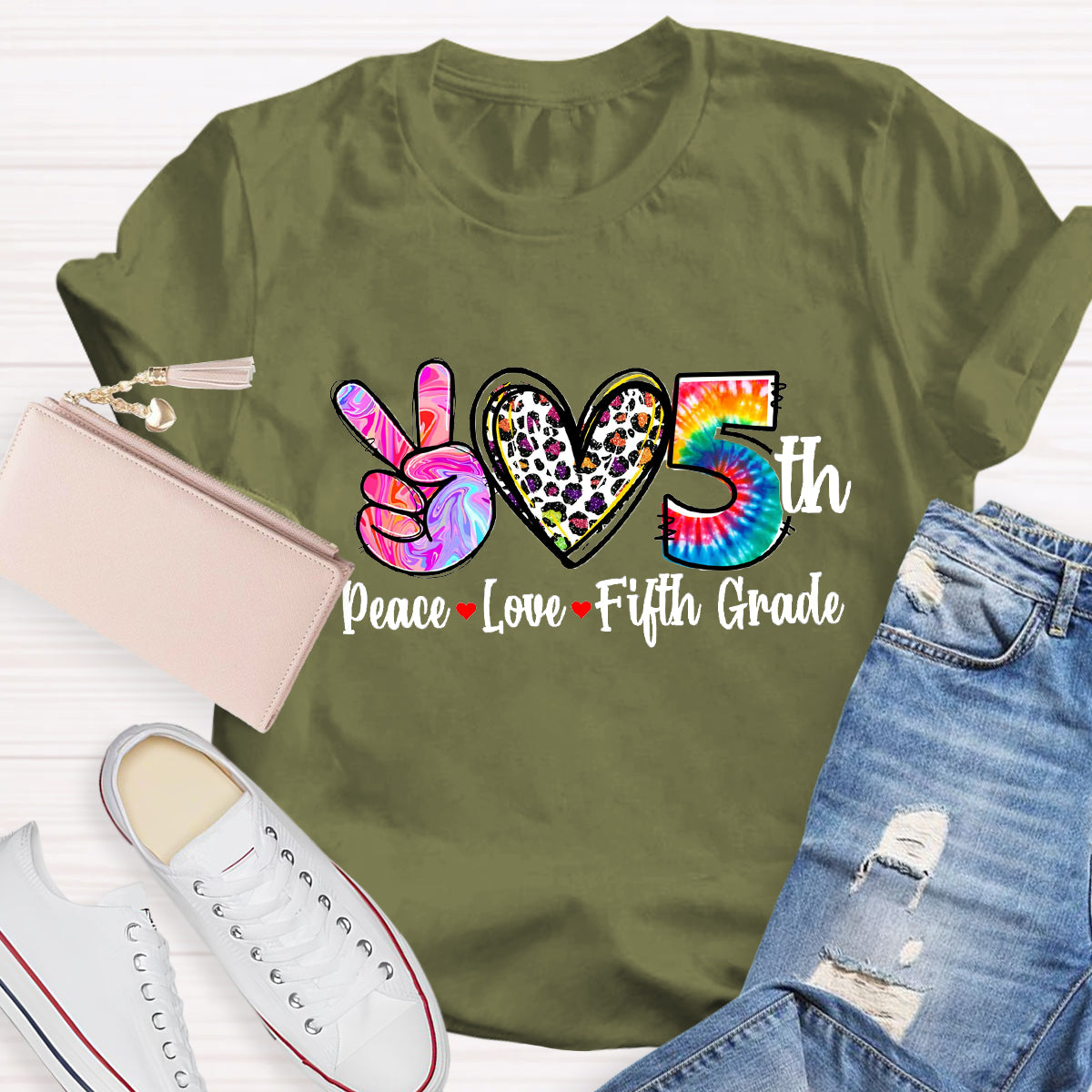 Personalized Grade Peace Love 5th Grade Teacher T-Shirt