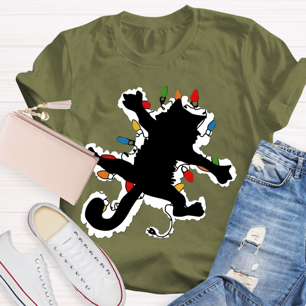 Pussy Cat And Lights Christmas T-Shirt