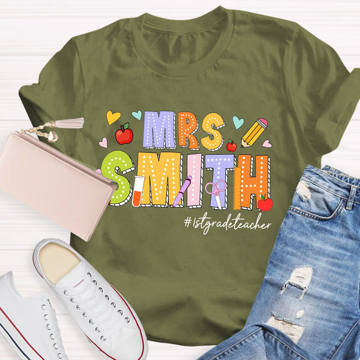 Personalized Name And Grade Heart Teacher T-Shirt