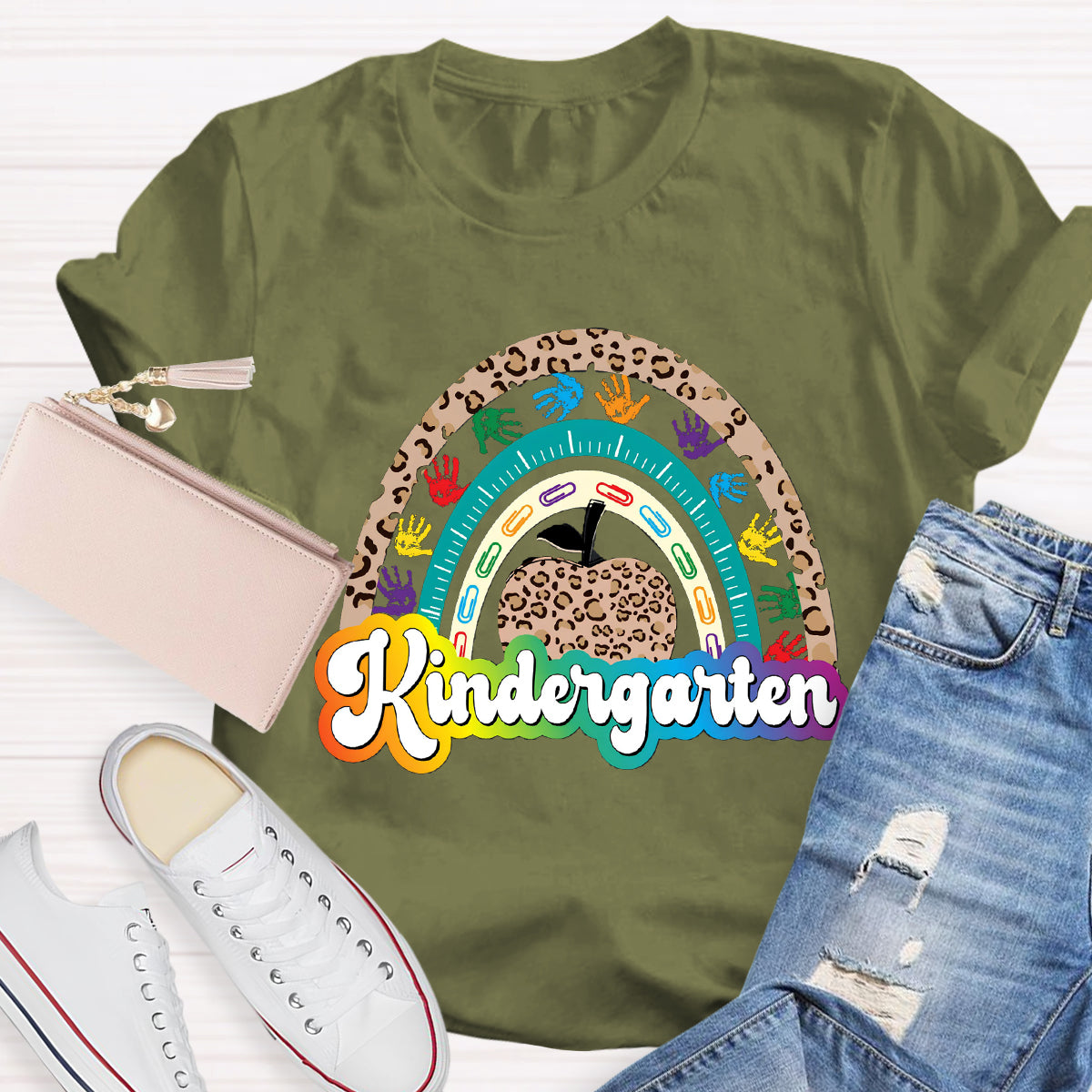 Personalized Grade Leopard Apple Rainbow Teacher T-Shirt