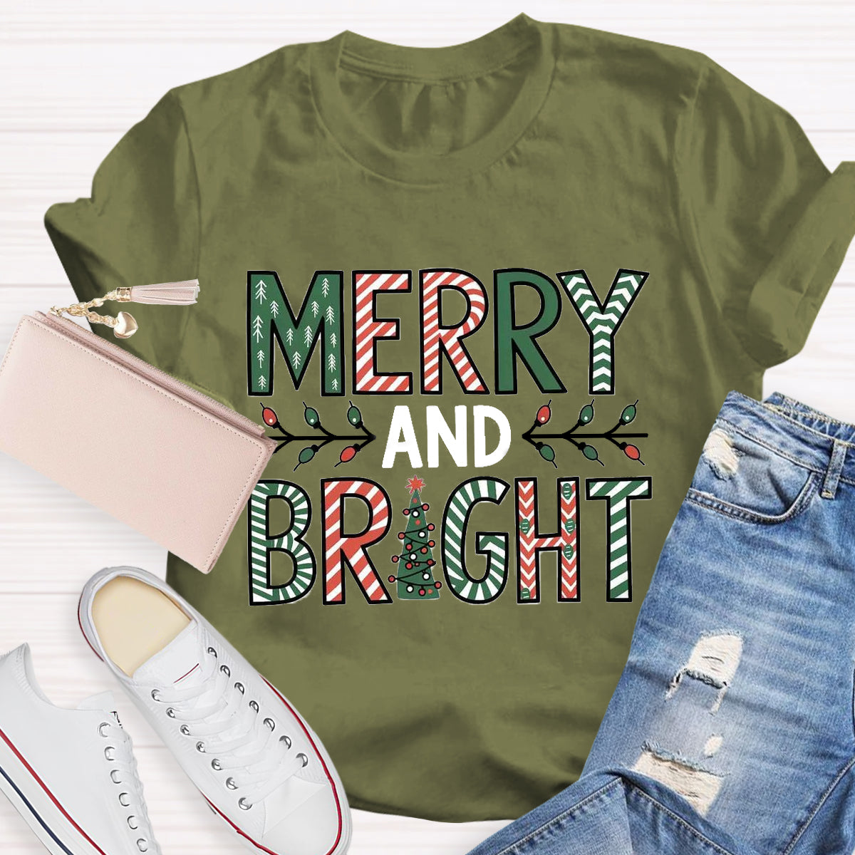 Merry And Bright Christmas Tree Teacher T-Shirt