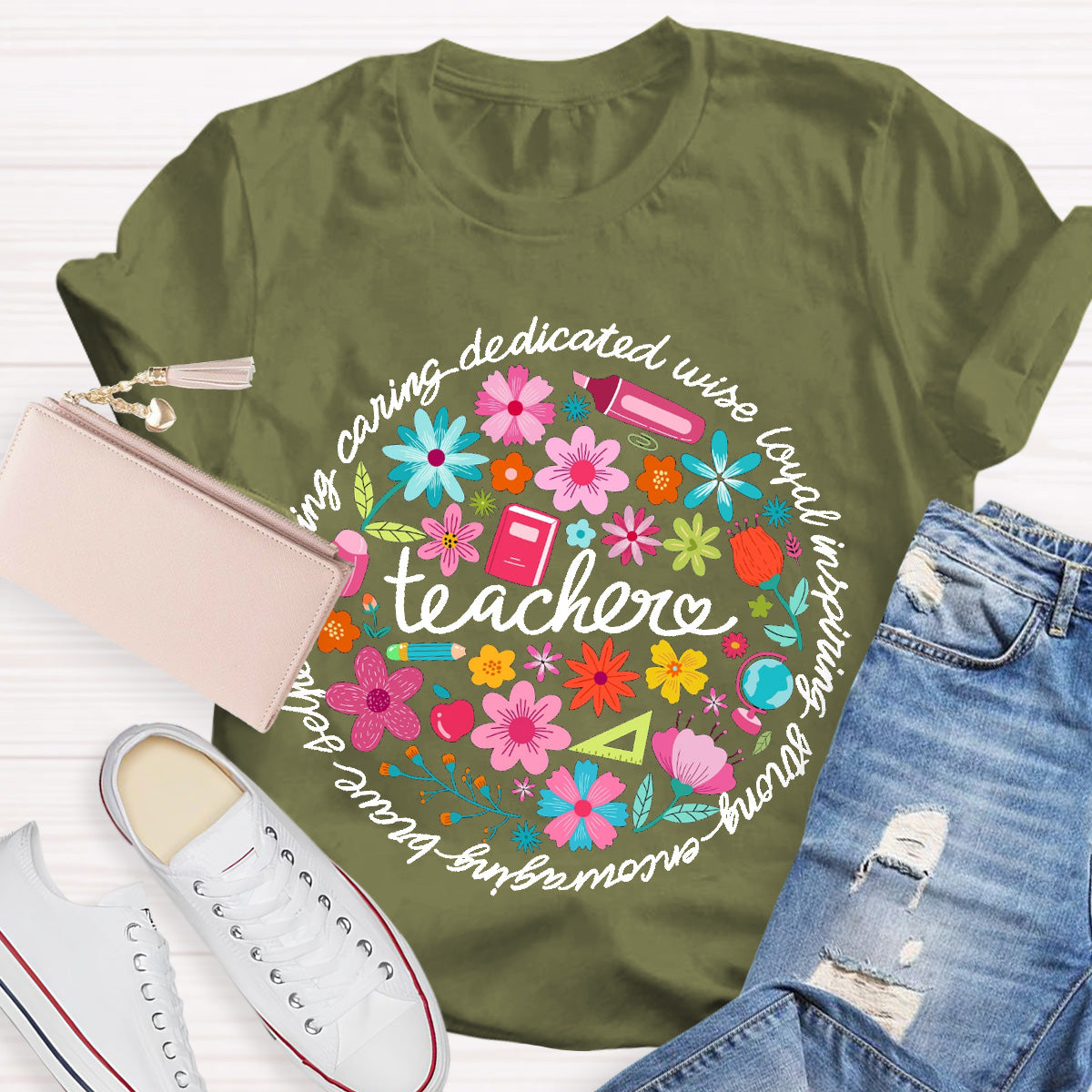 Loving Caring Dedicated Floral Teacher T-Shirt