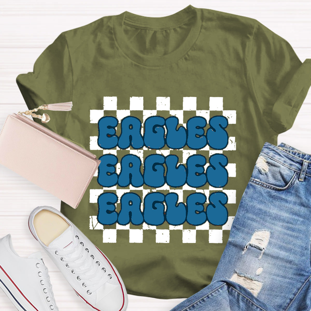 Personalized Mascot Eagles Chessboard pattern Teacher T-Shirt