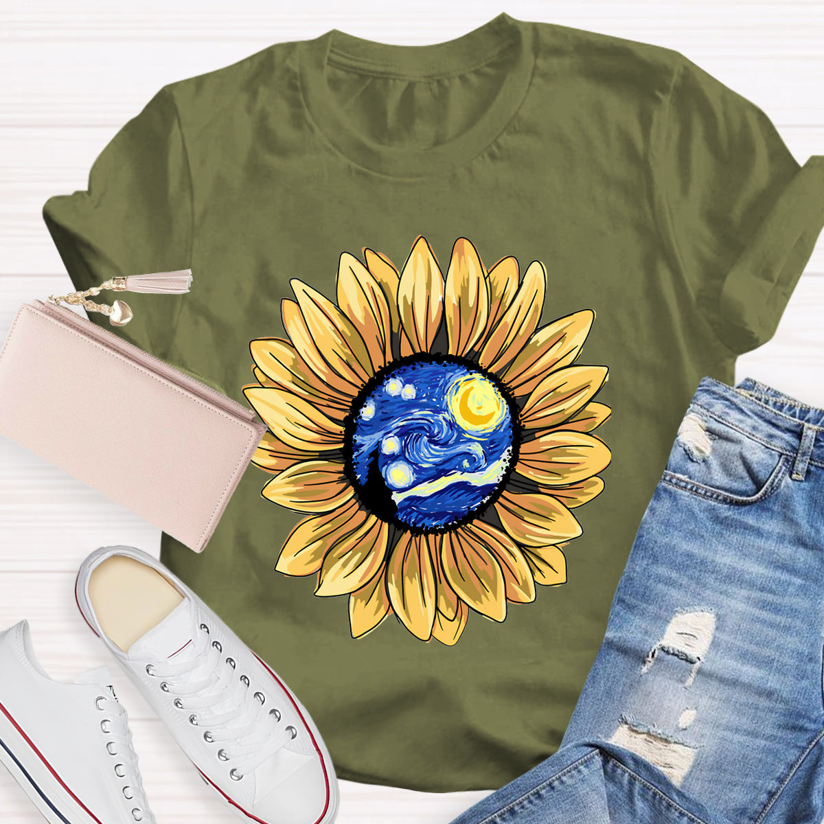 Starry Sky Art Sunflower Teacher T-Shirt