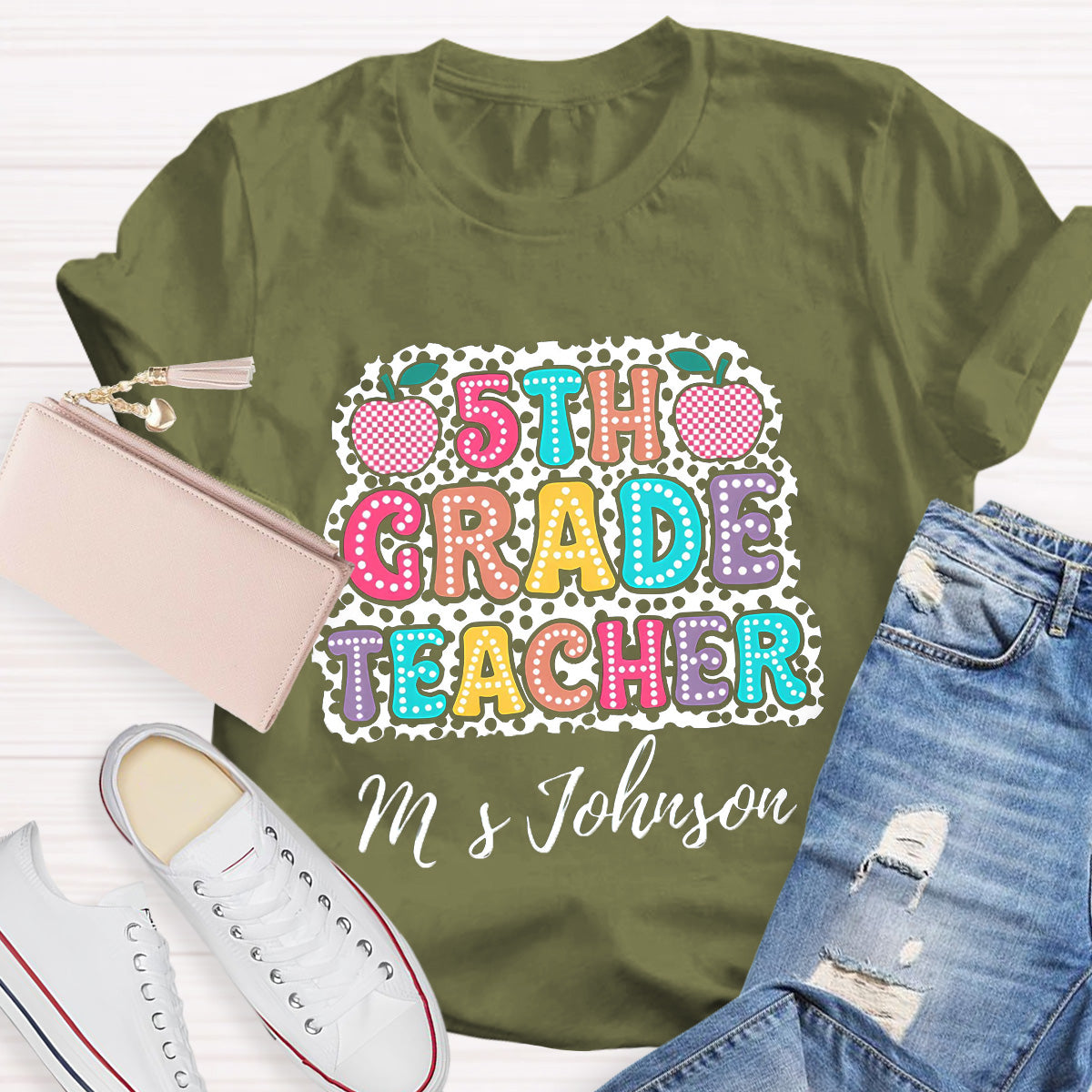 Personalized Name And Grade Checkerboard Apple Teacher T-Shirt