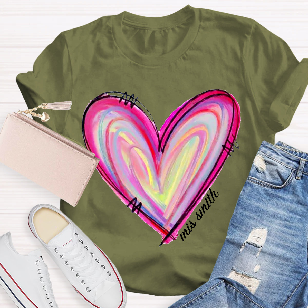Personalized Name Art Painted Heart Teacher T-Shirt