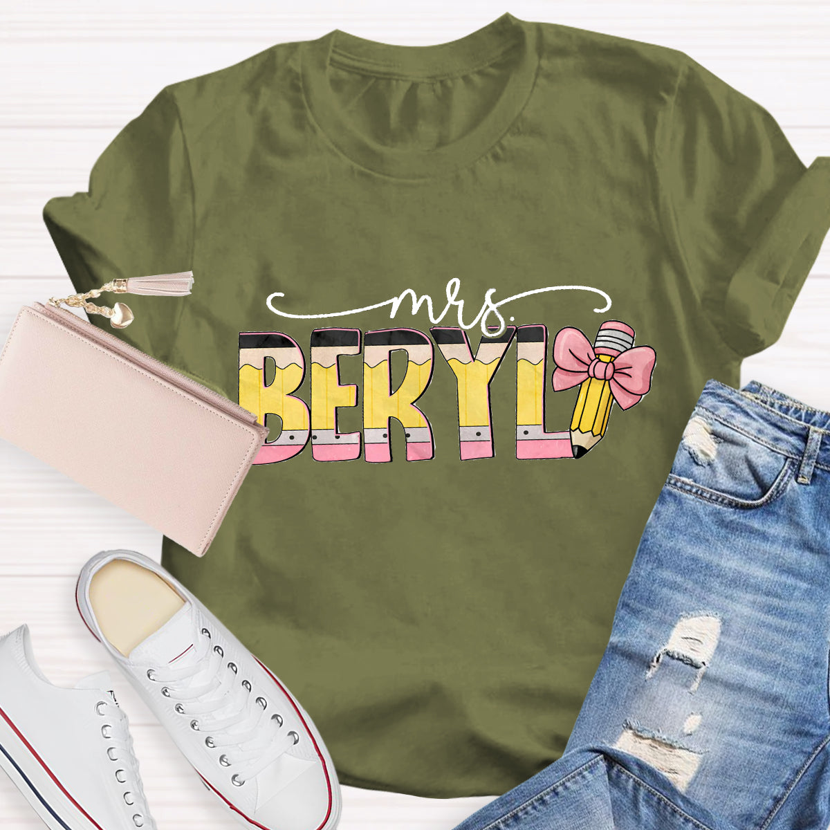 Personalized Teacher Name Pink Pencil T-Shirt