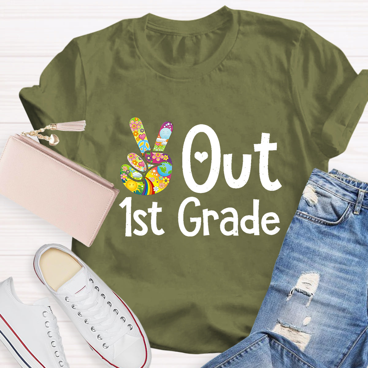 Personalized Grade Out 1st Grade Hand Signal Teacher T-Shirt
