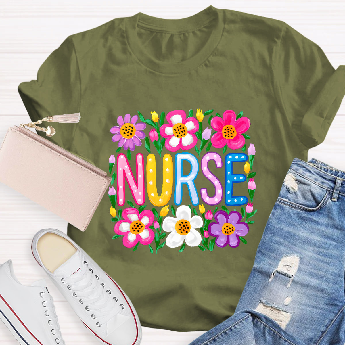 Floral School Nurse T-Shirt