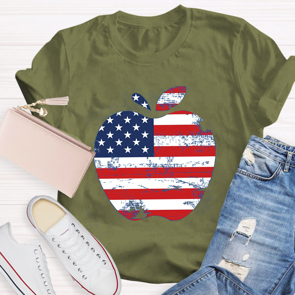 US Flag Apple Teacher T-Shirt