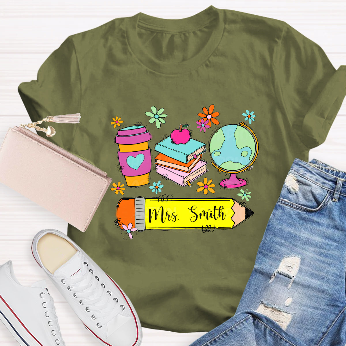 Personalized Teacher Name Coffee Books T-Shirt