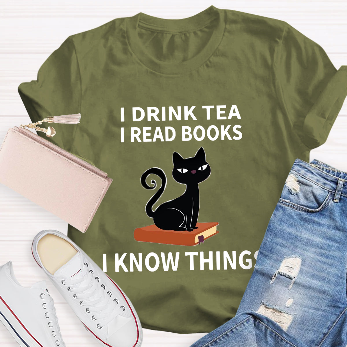 I Drink I Read Books I Know Thing Cute Cat T-Shirt