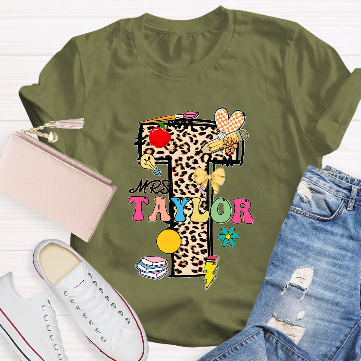 Personalized Name Leopard print Letter Teacher T-Shirt