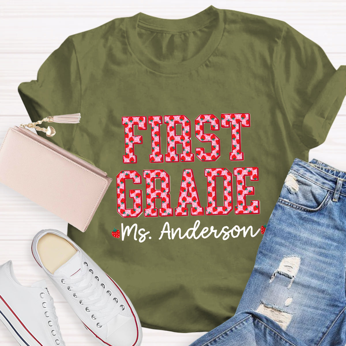 Personalized Grade And Name Strawberry Printed Teacher T-Shirt