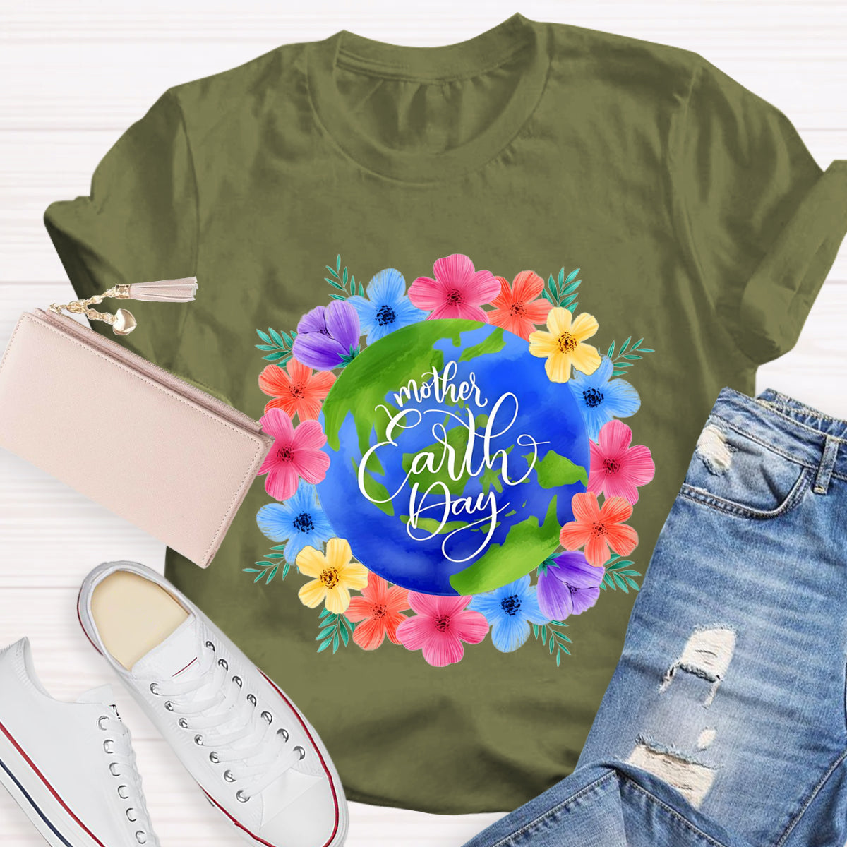 Blue Earth Day Floral Teacher T-Shirt
