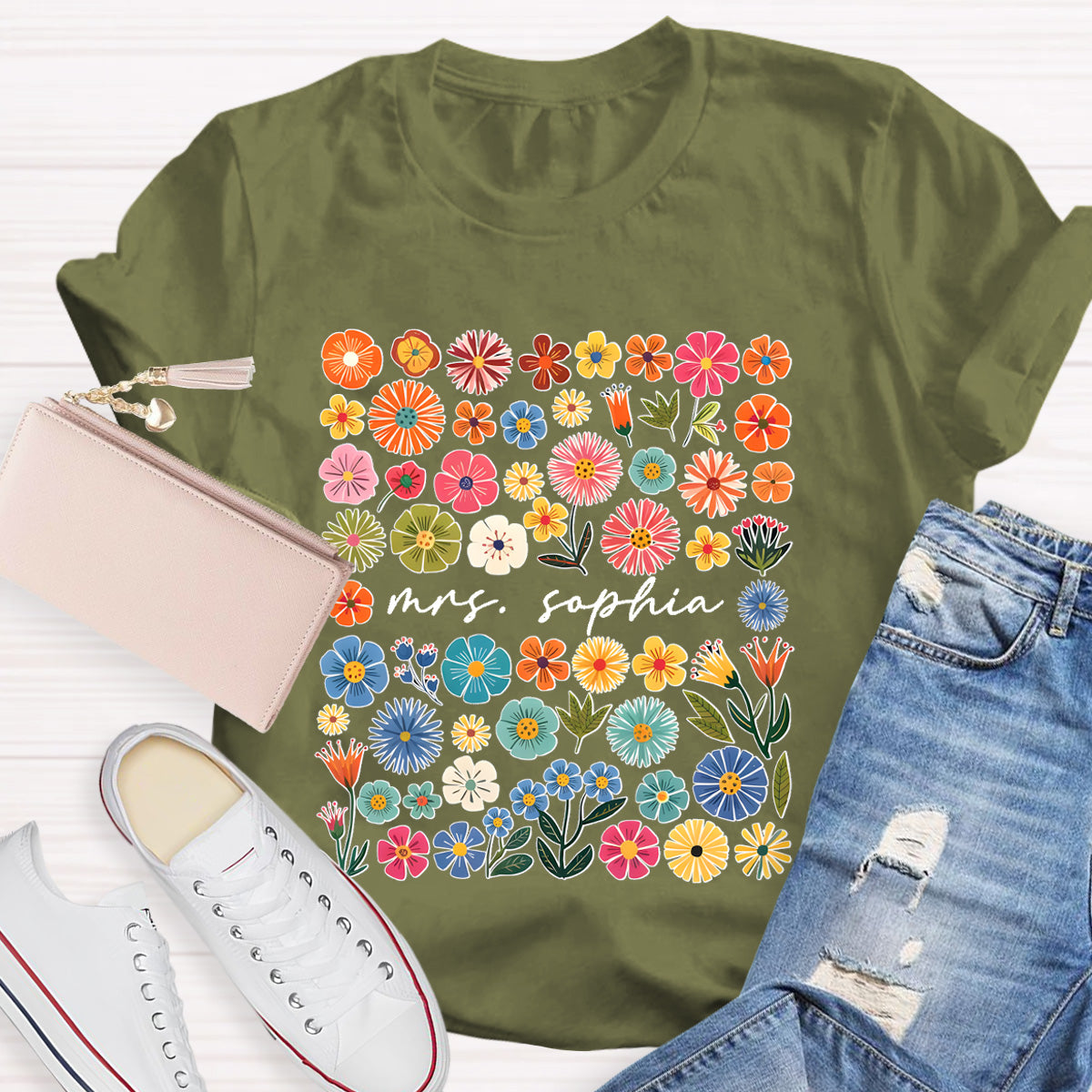 Personalized Name Vintage Florals l Teacher T-Shirt