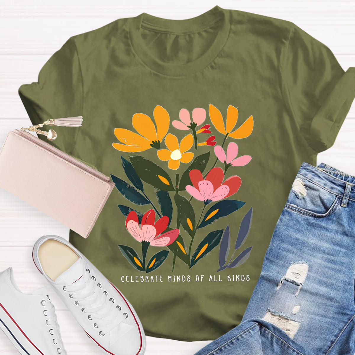 Art Flower Celebrate Minds of All Kinds Teacher T-Shirt