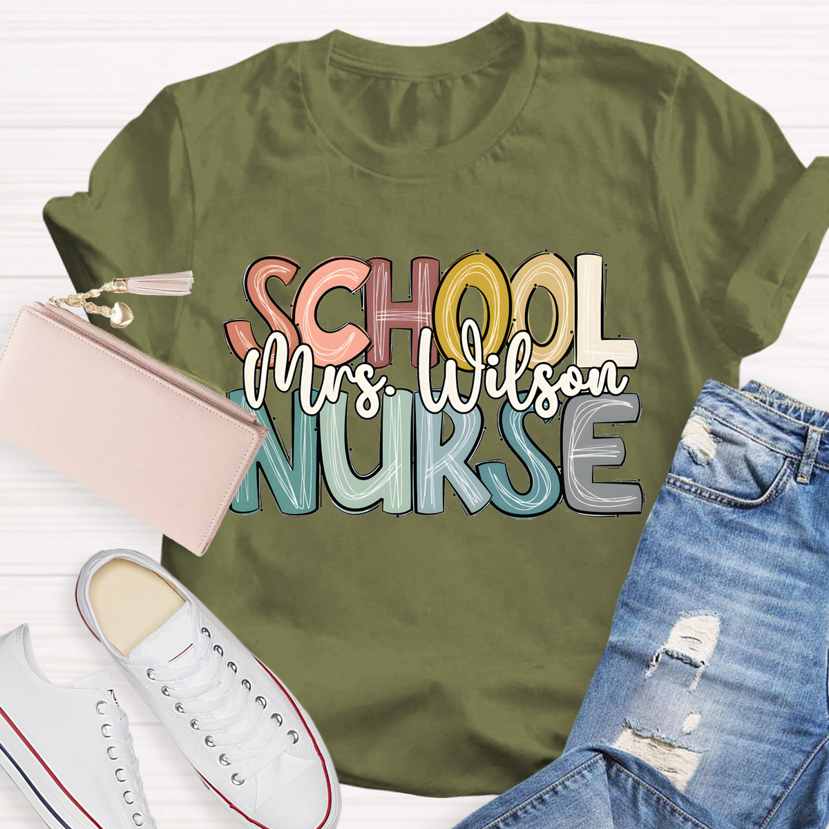 Personalized School Nurse Name Colorful Letter T-Shirt