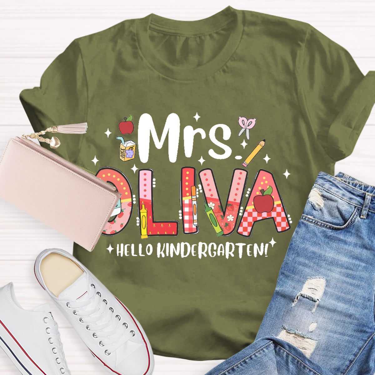 Personalized Name Hello Kindergarten Teacher T-Shirt