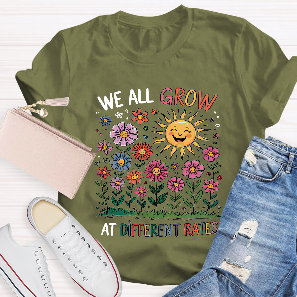 We All Grow At Different Rates Floral Teacher T-Shirt