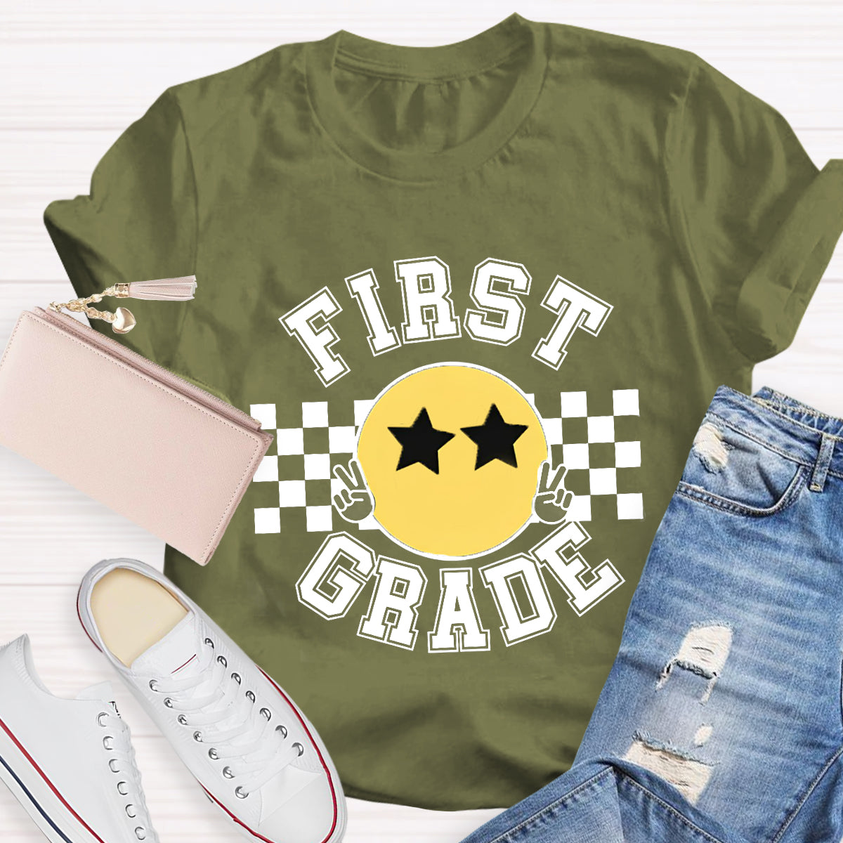 Personalized Grade Chessboard Pattern Teacher T-Shirt