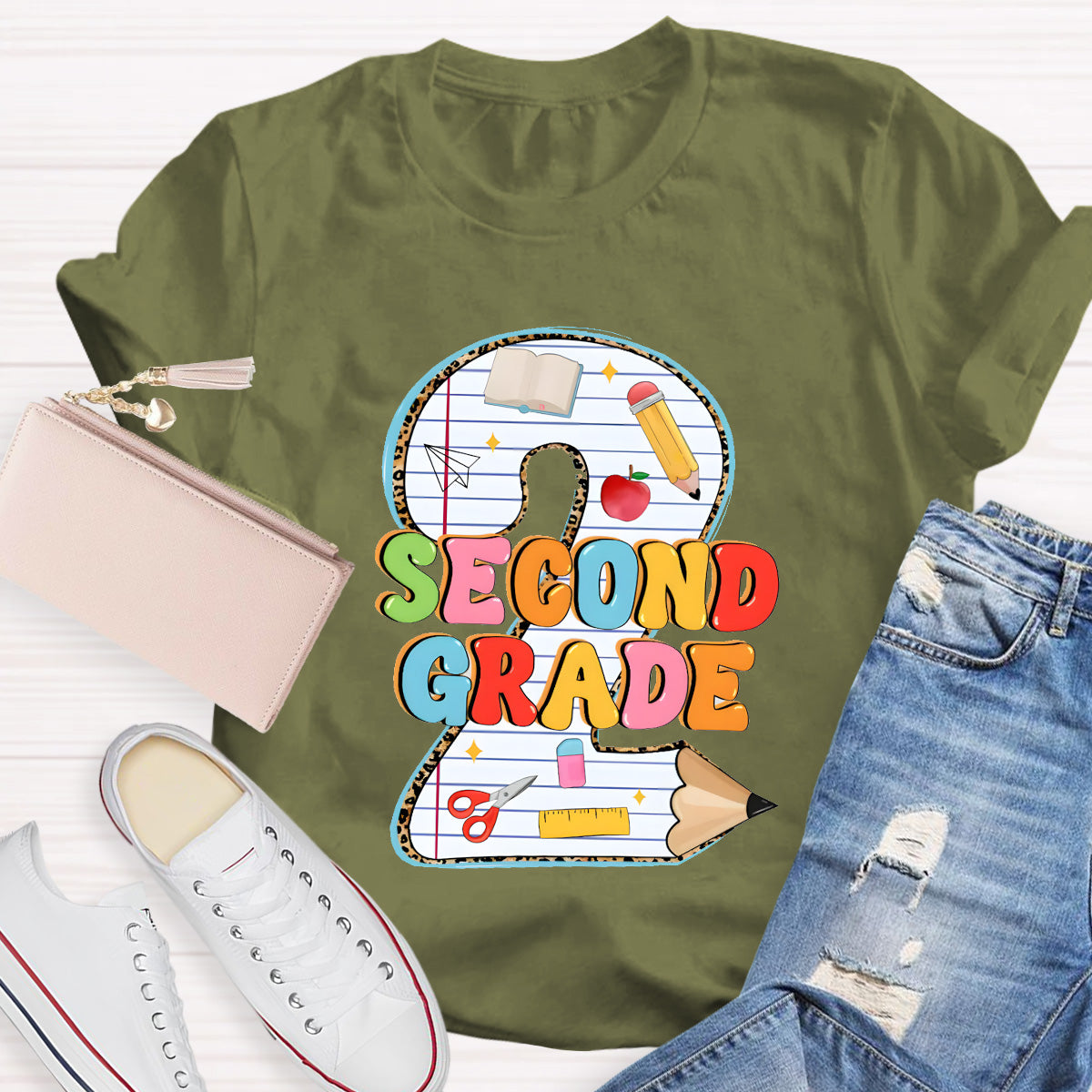 Personalized Grade Pencil Number Second Grand Teacher T-Shirt
