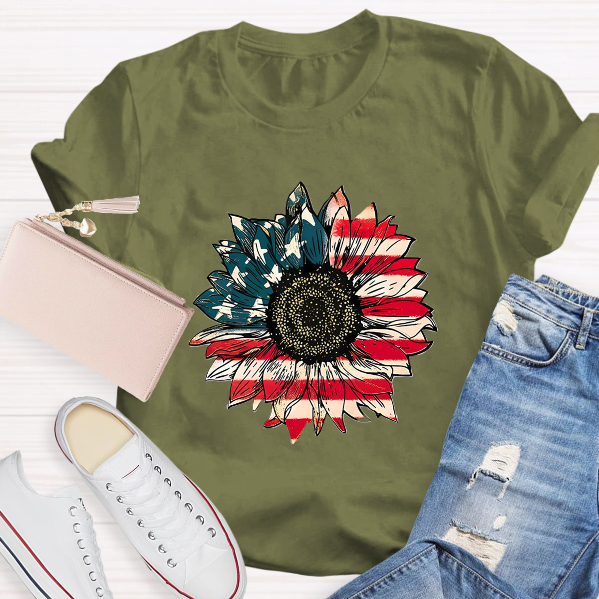 US Flag Flower Teacher T-Shirt