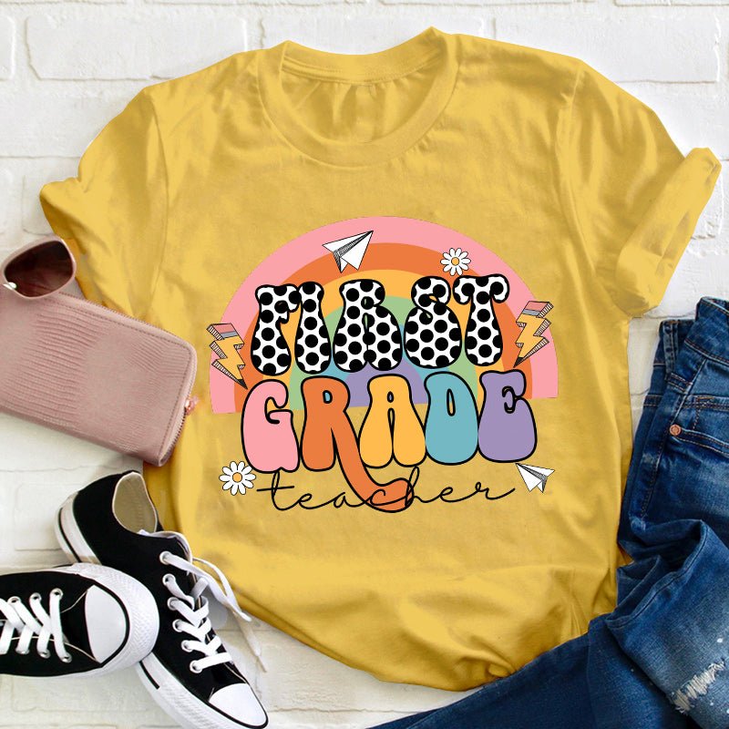 Personalized Grade Rainbow Black Dot Teacher T-Shirt
