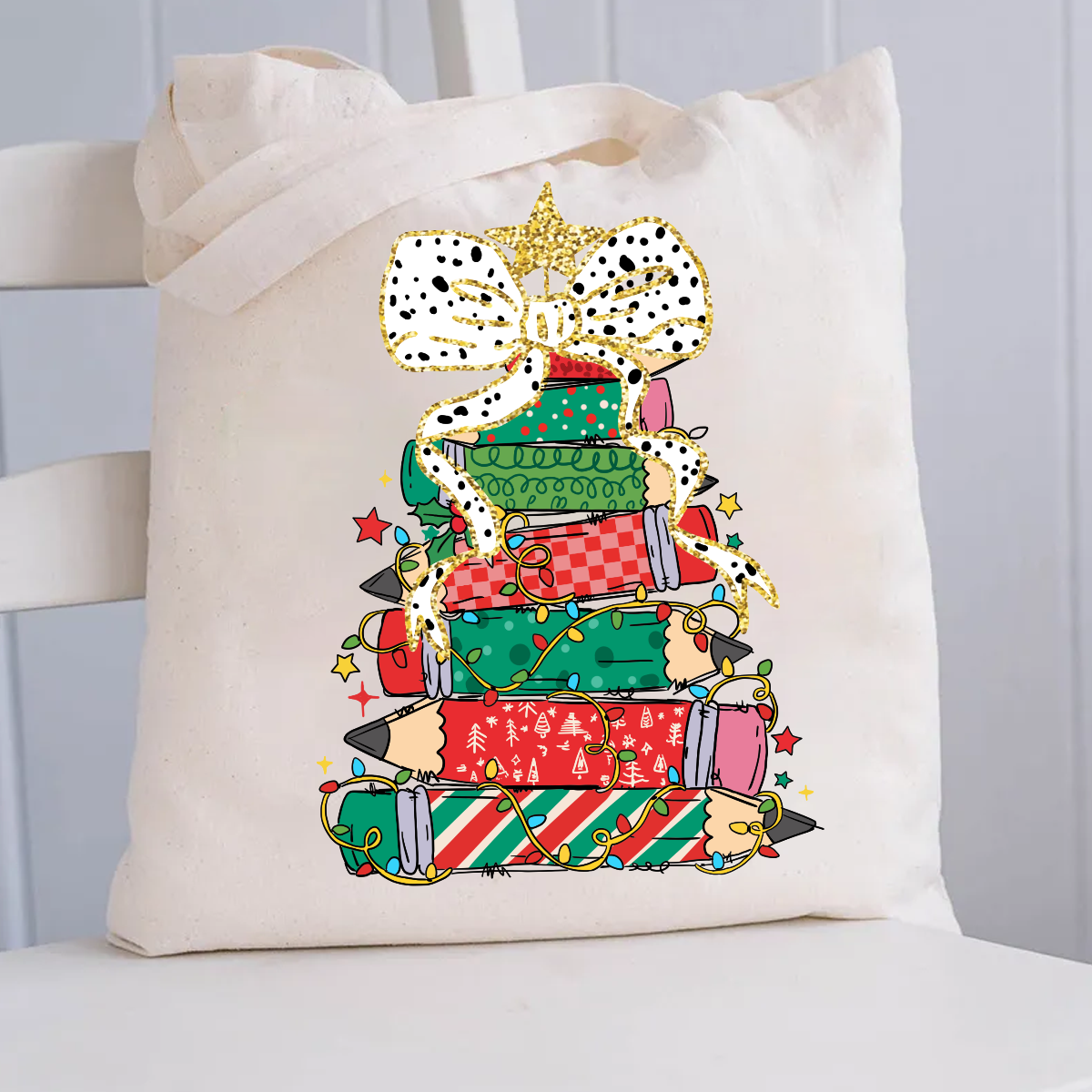 Pencil Tree Bow Canvas Tote Bag