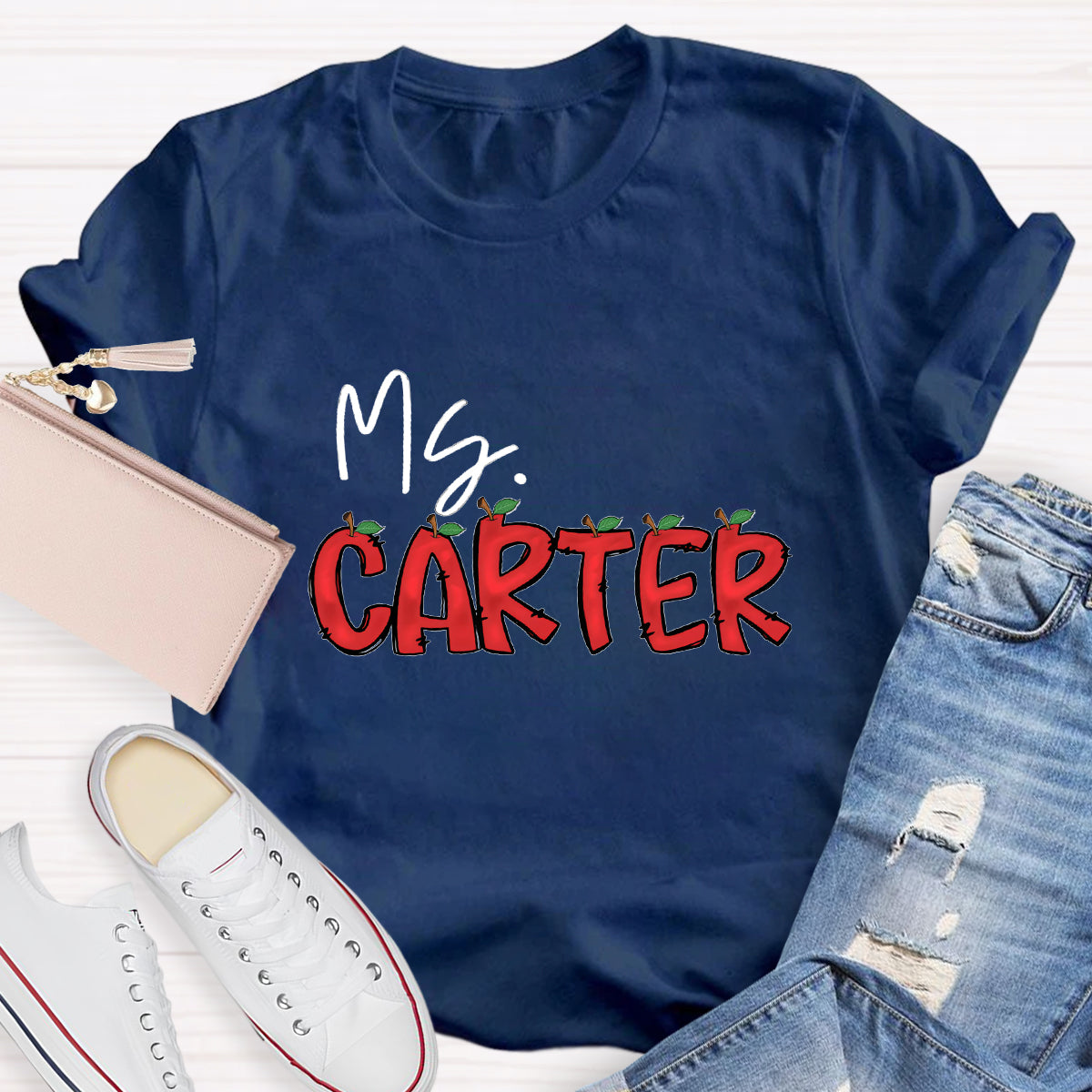 Personalized Teacher's Name Red Apple Letter T-Shirt