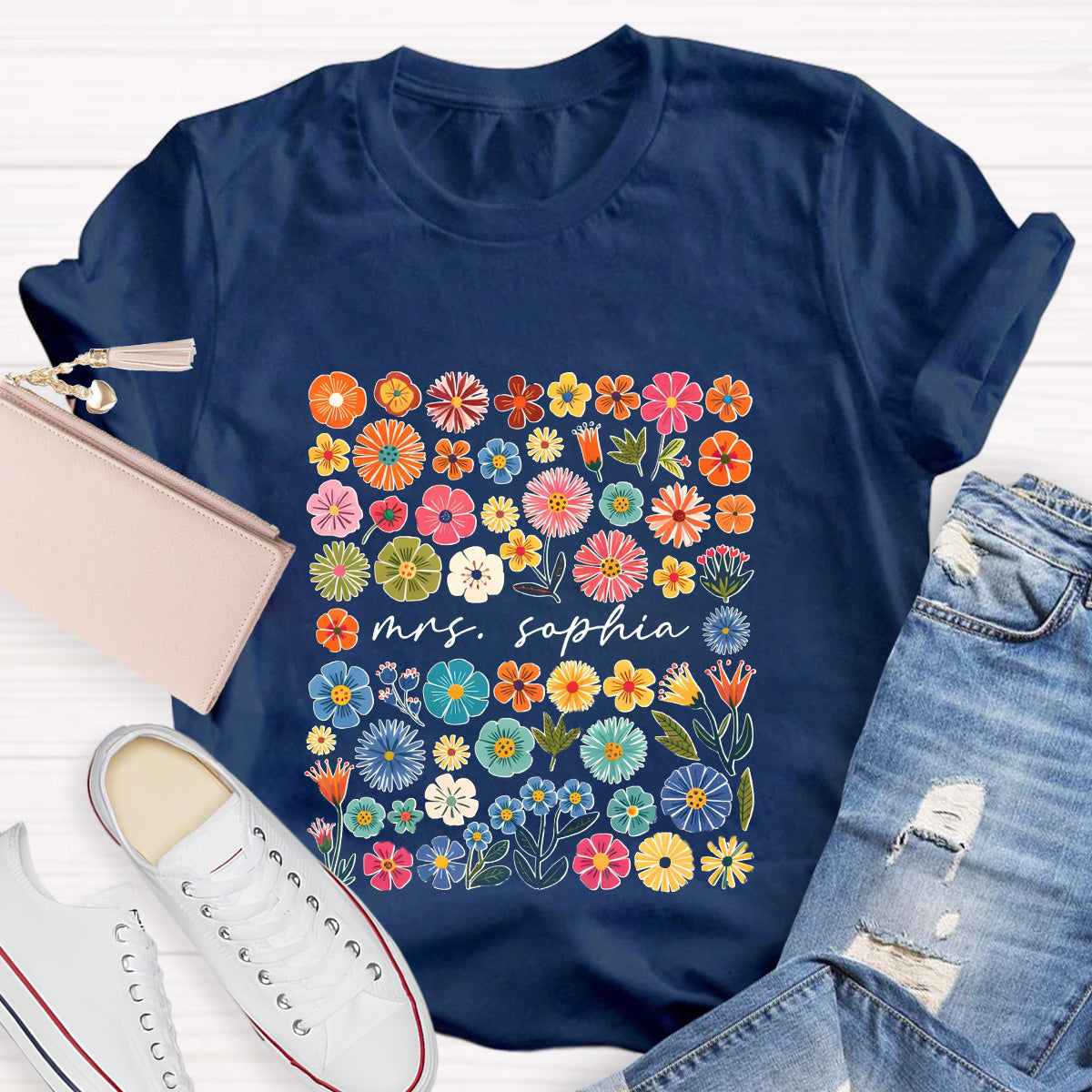 Personalized Name Pink Flowers Teacher T-Shirt