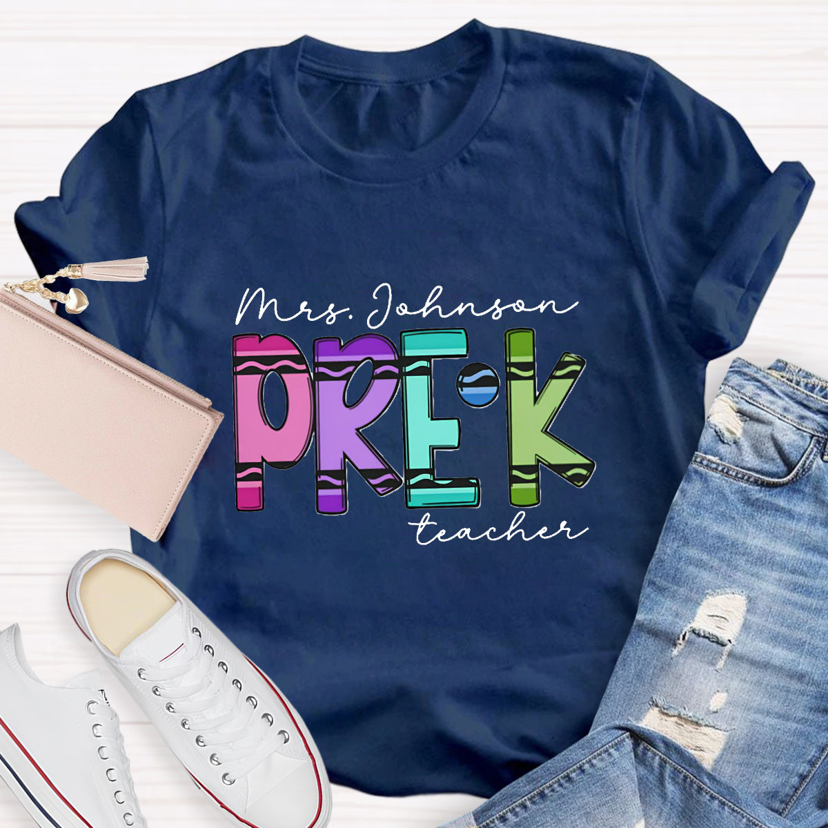Personalized Grade And Name Crayon Teacher T-Shirt