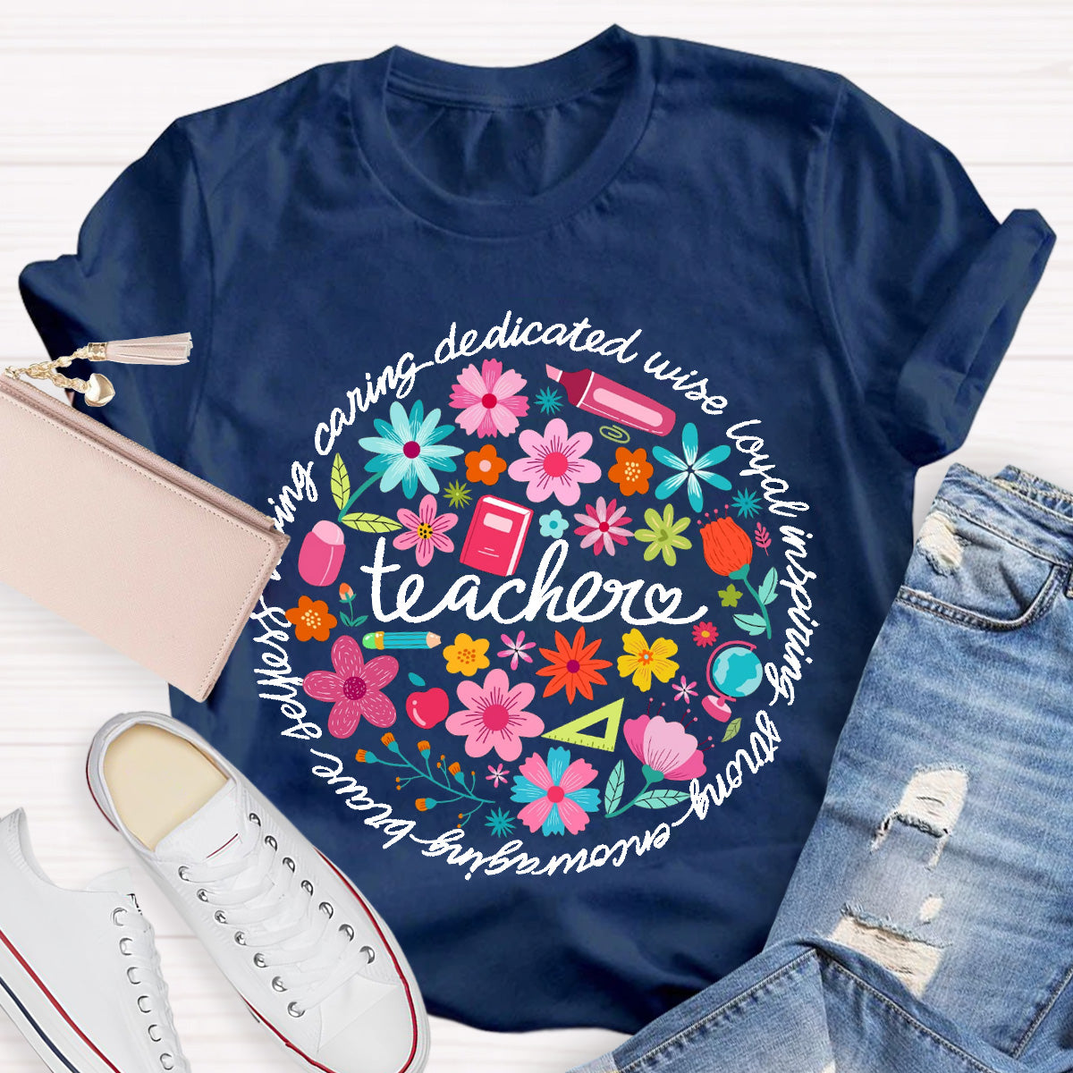 Loving Caring Dedicated Floral Teacher T-Shirt