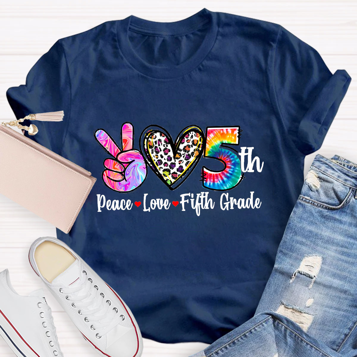 Personalized Grade Peace Love 5th Grade Teacher T-Shirt