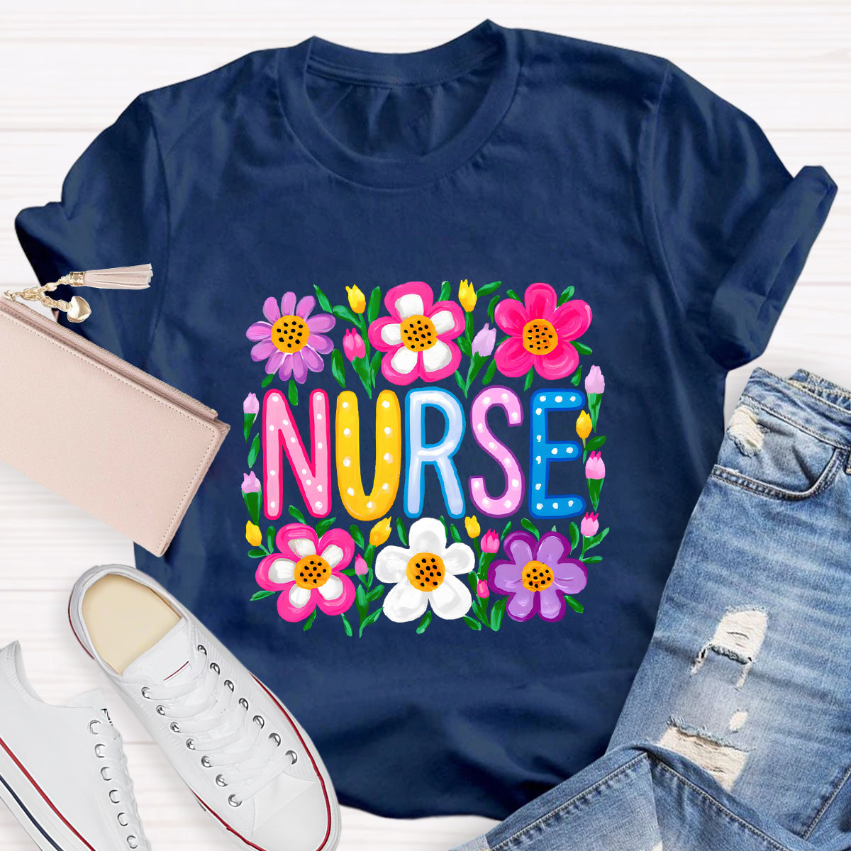 Floral School Nurse T-Shirt