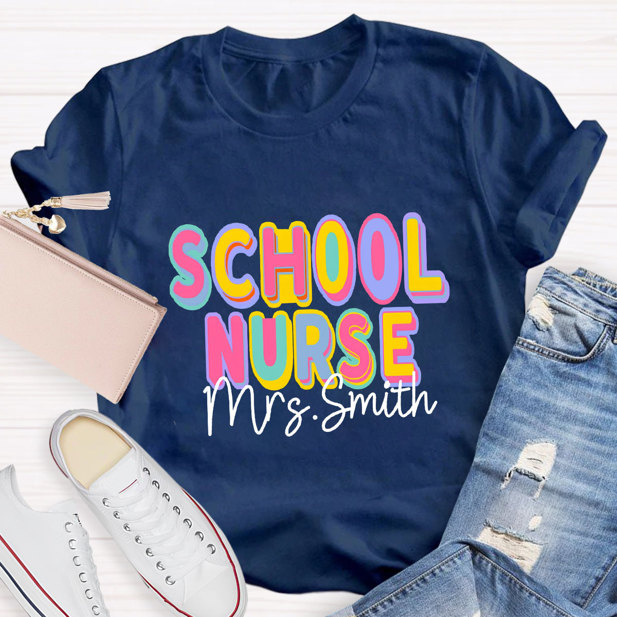 Personalized School Nurse Name Colorful Printed Letter T-Shirt