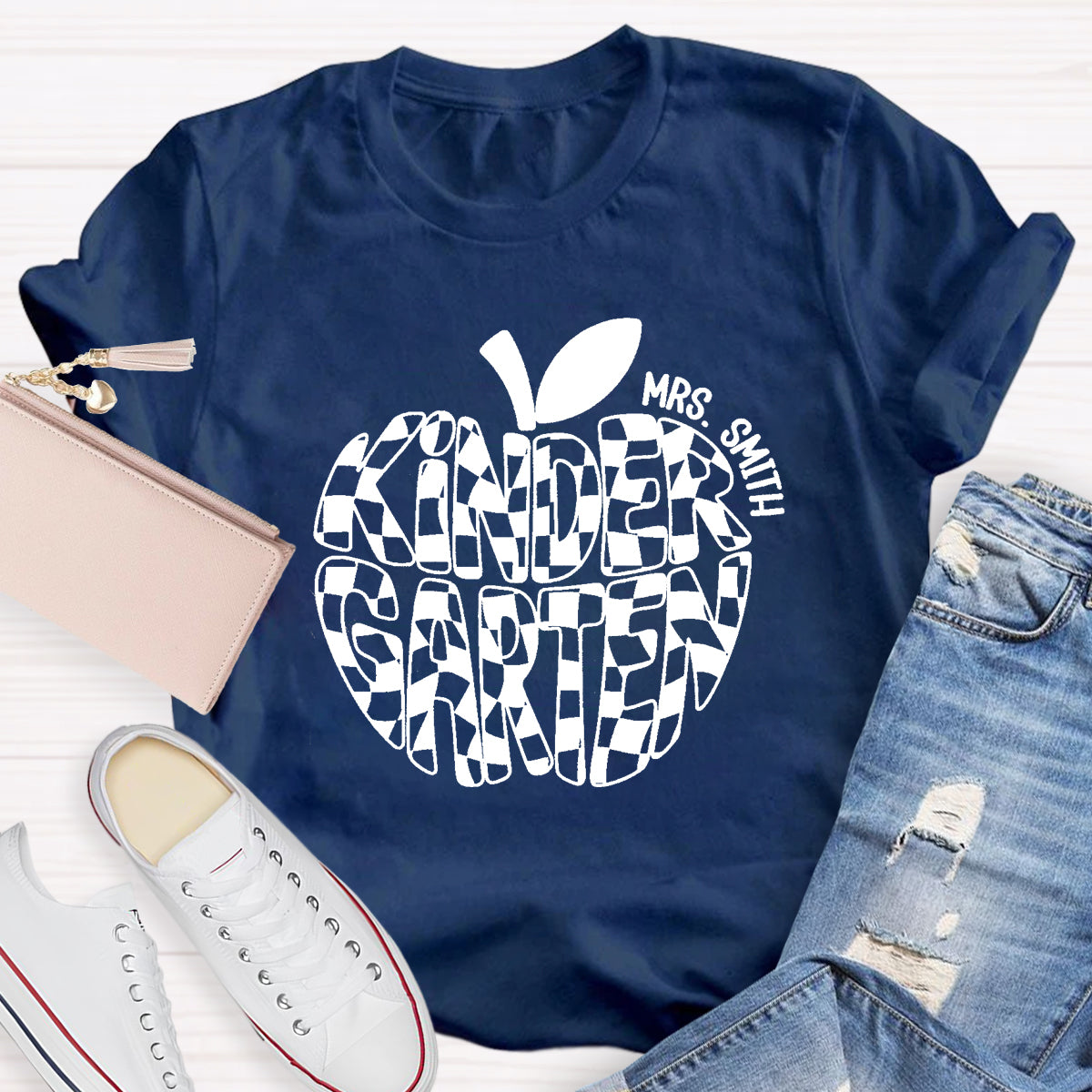 Personalized Name Kinder Garten Teacher Apple T-Shirt