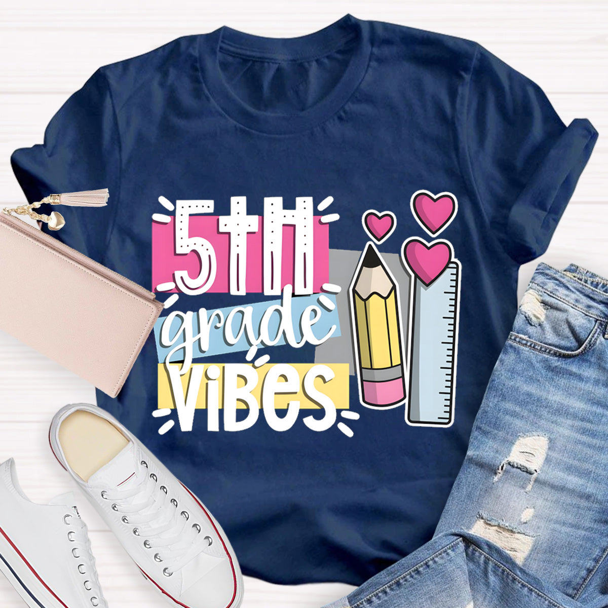 Personalized Grade 5th Grade Vibes Teacher T-Shirt