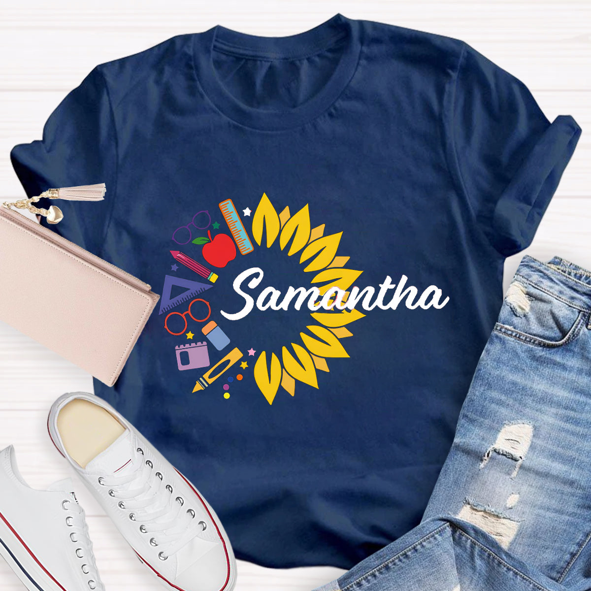 Personalized Name Sunflower Pencil Samantha Teacher T-Shirt