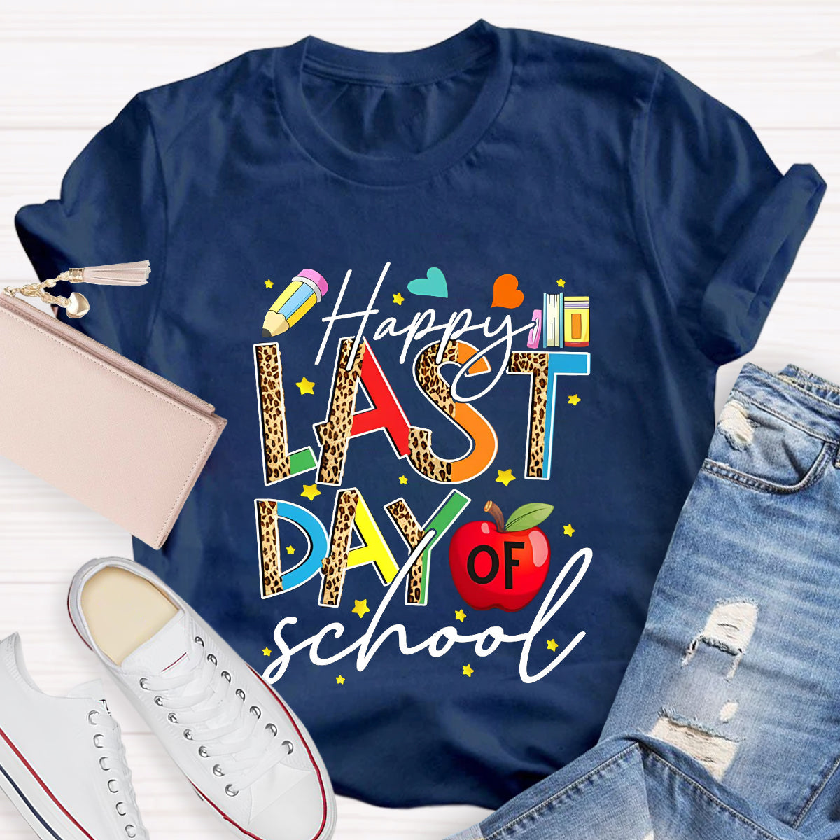 Happy Last Day Of School Leopard Printed Teacher T-Shirt