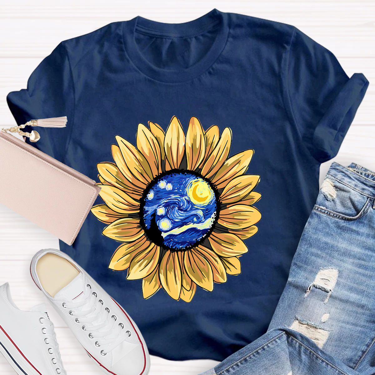 Starry Sky Art Sunflower Teacher T-Shirt