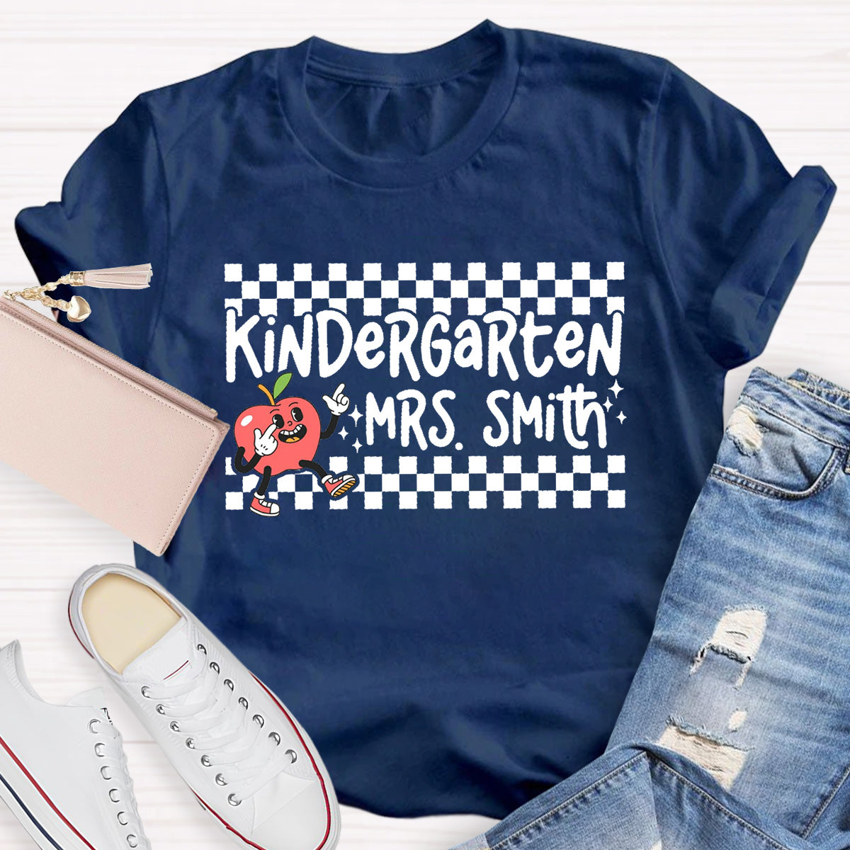 Personalized Grade And Name Chessboard pattern Apple Teacher T-Shirt