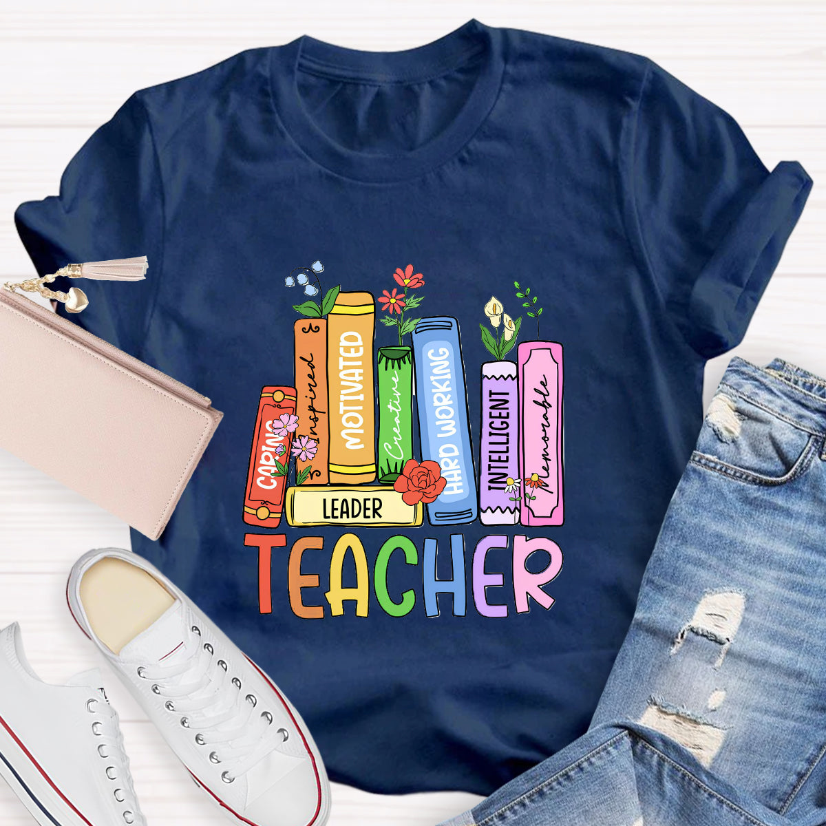 Caring Motivated Floral Books Teacher T-Shirt